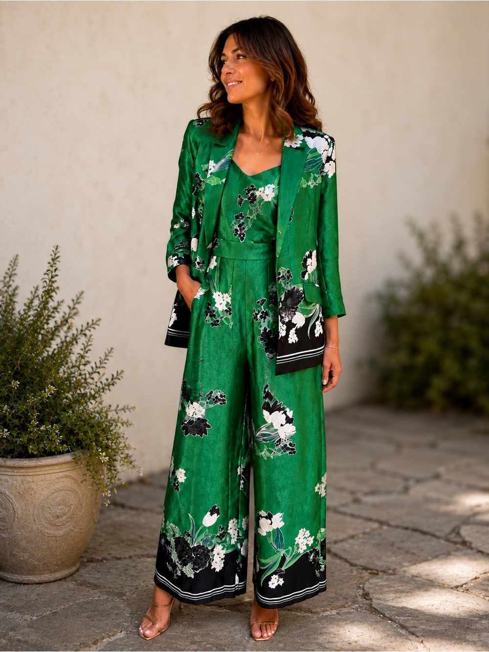 River Island Petite Green Floral Wide Leg Jumpsuit & Blazer Set Size 10